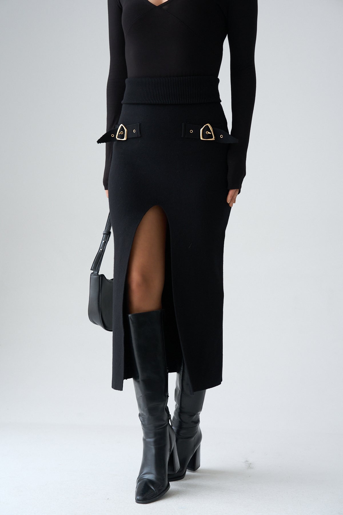 Kadın Aksesuar Detaylı Yırtmaçlı Triko Etek