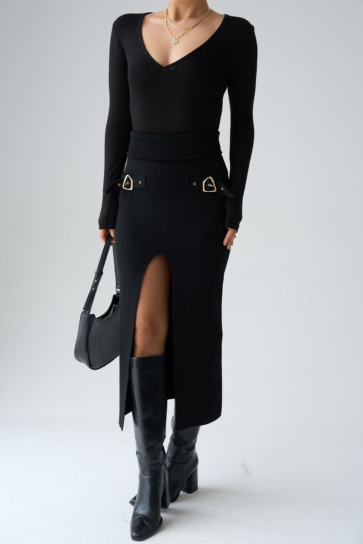 Kadın Aksesuar Detaylı Yırtmaçlı Triko Etek