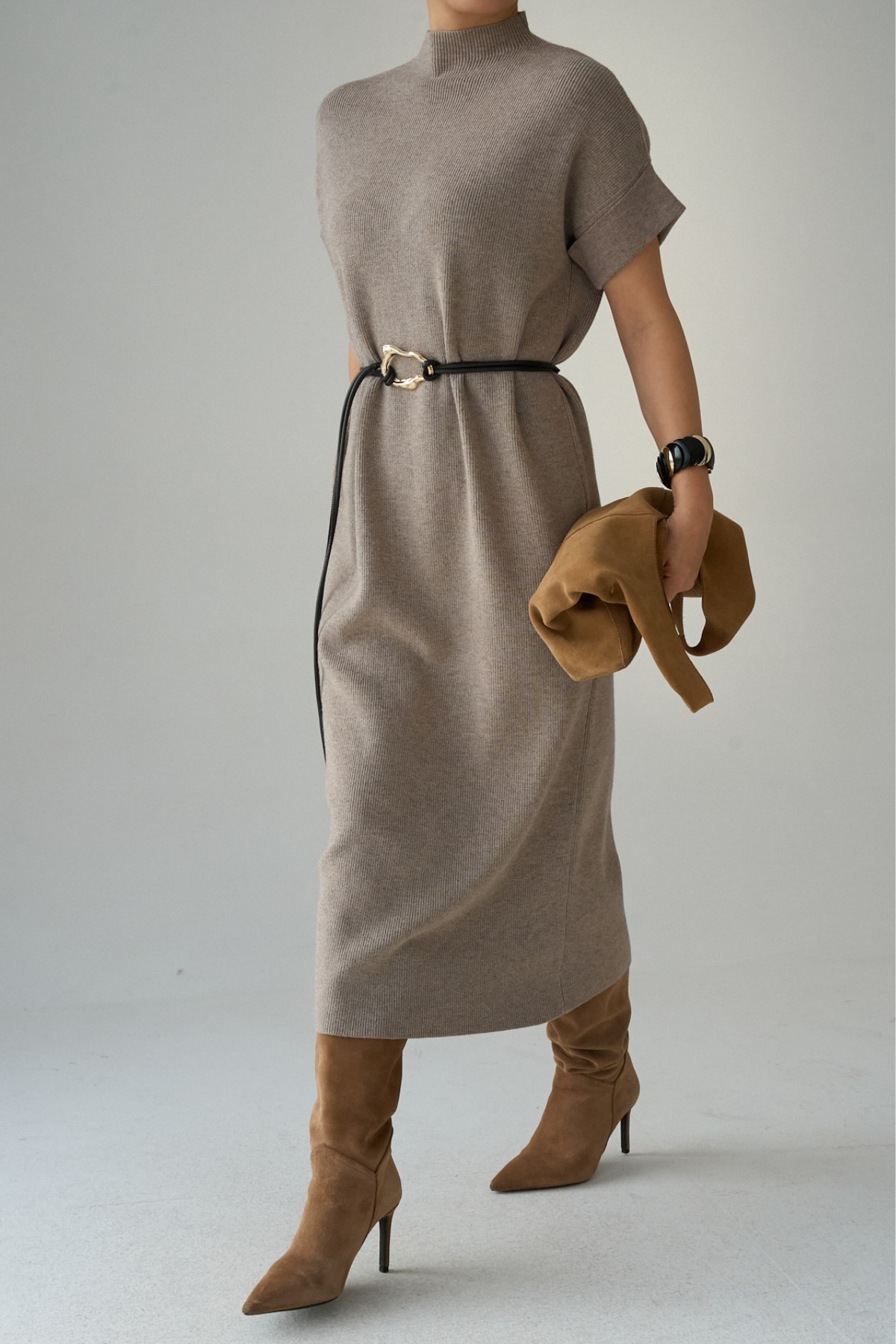 Kadın Yarım Balıkçı Yaka Kemerli Elbise