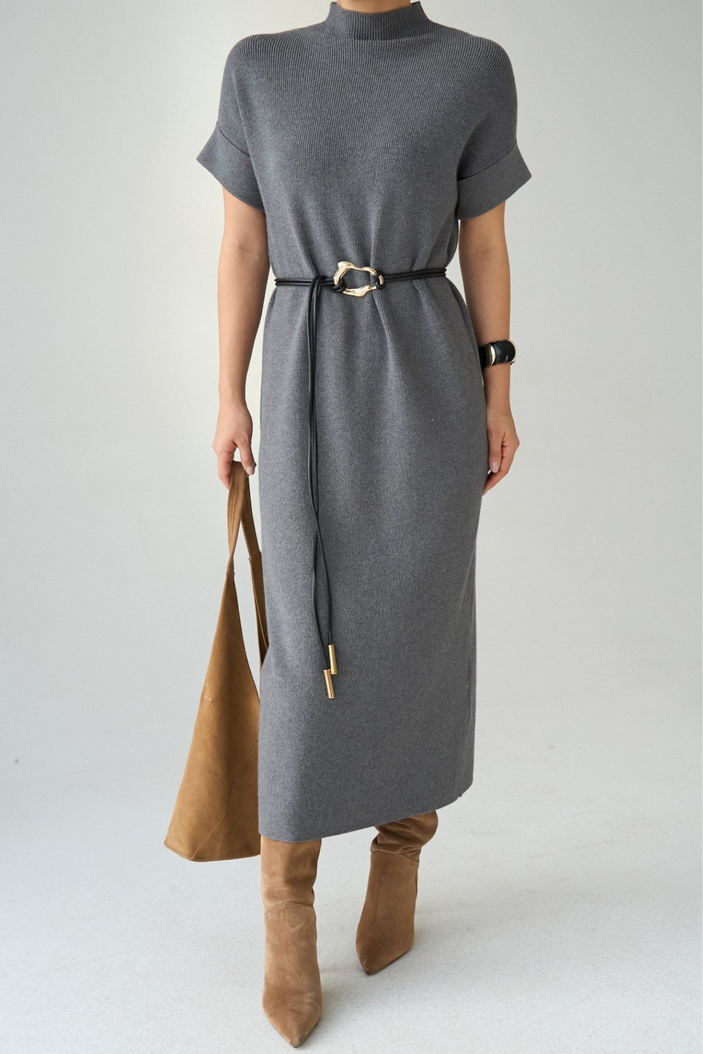 Kadın Yarım Balıkçı Yaka Kemerli Elbise