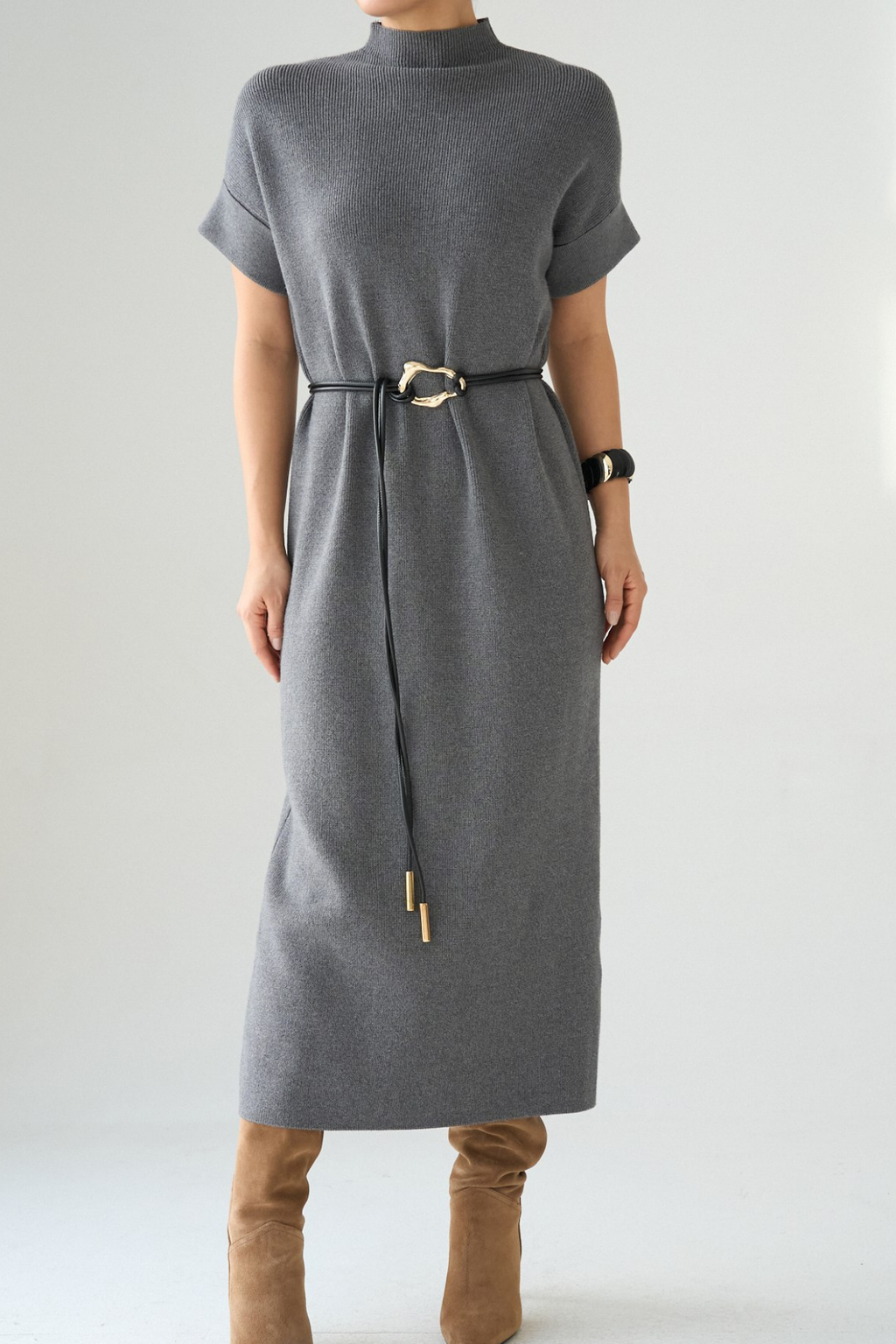 Kadın Yarım Balıkçı Yaka Kemerli Elbise