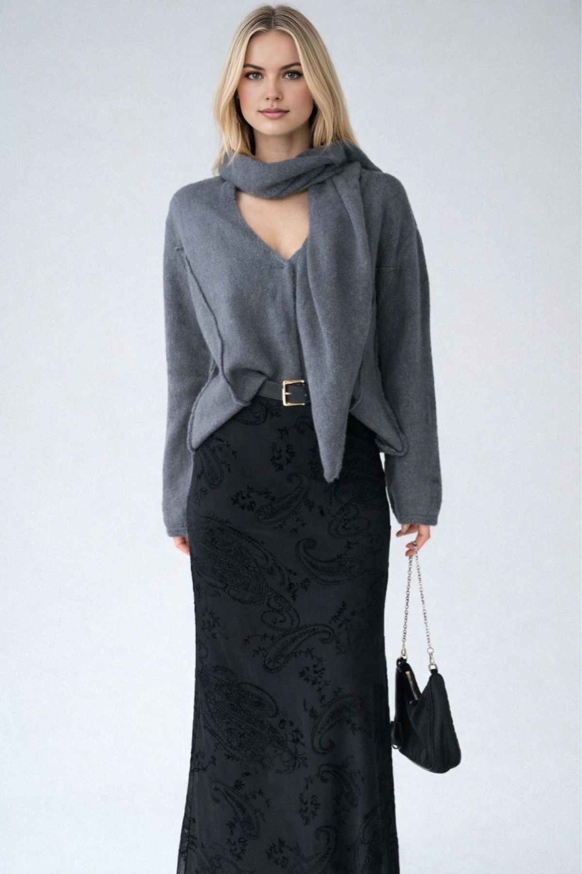 Kadın V Yaka Şal Detaylı Oversize Hırka