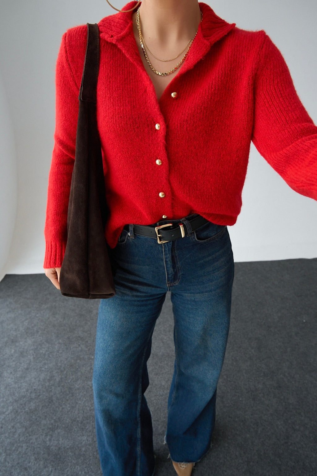 Kadın Kırmızı Dik Yaka İnci Düğmeli Hırka