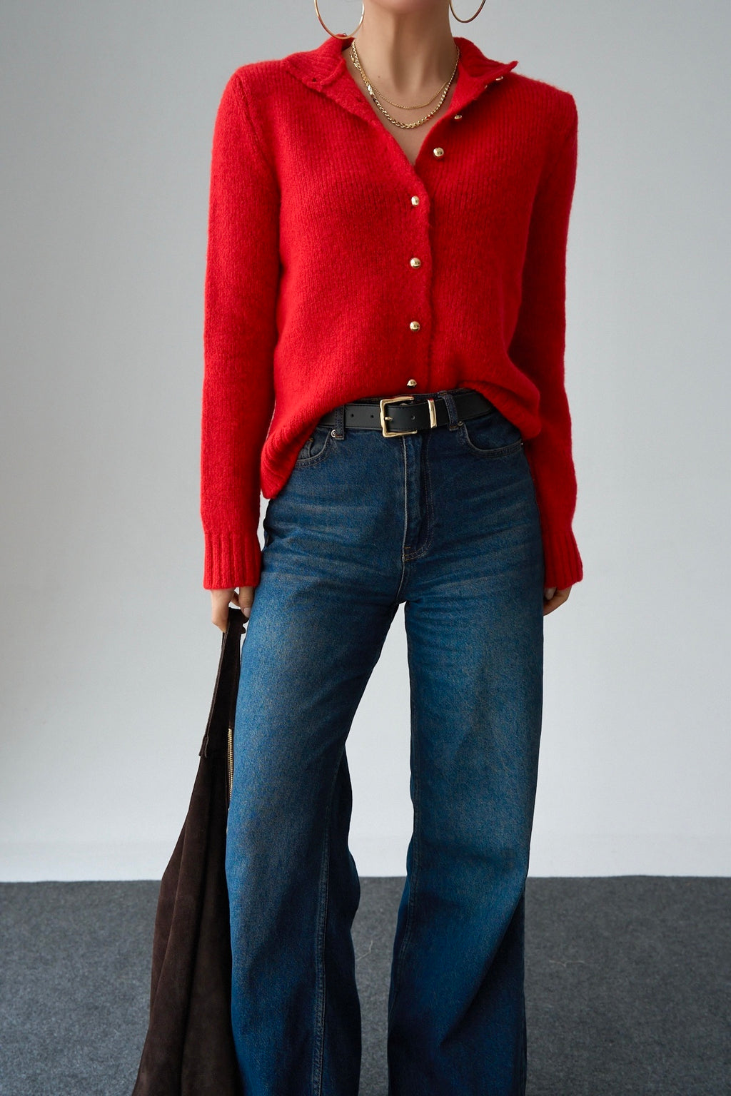 Kadın Kırmızı Dik Yaka İnci Düğmeli Hırka