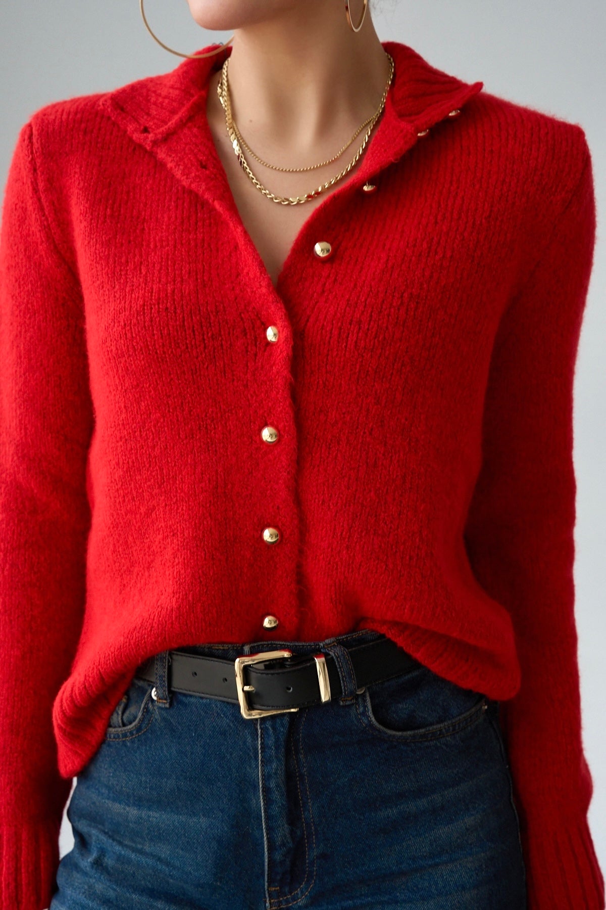 Kadın Kırmızı Dik Yaka İnci Düğmeli Hırka