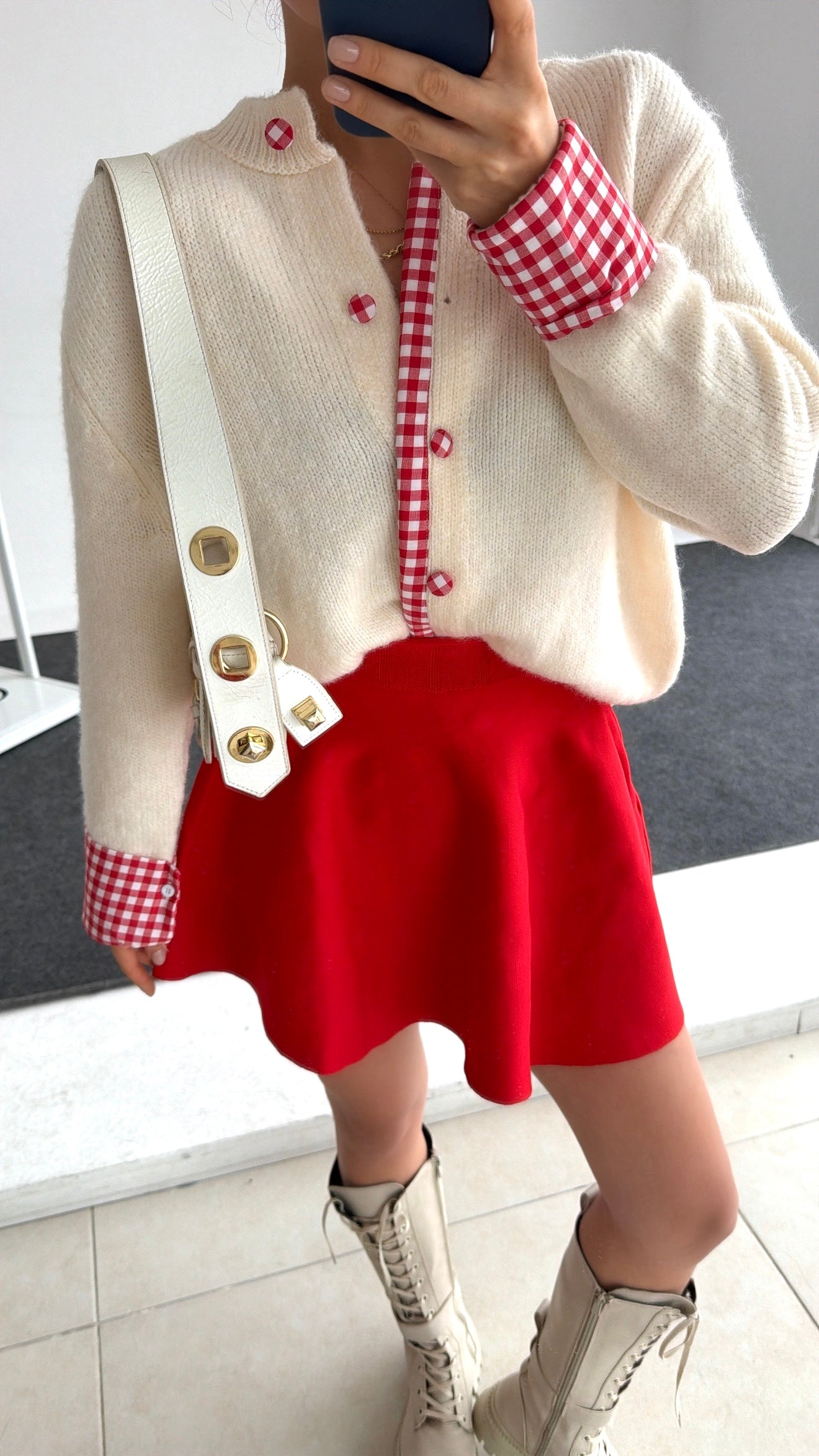 Kadın Krem Bisiklet Yaka Pötikare Detaylı Hırka