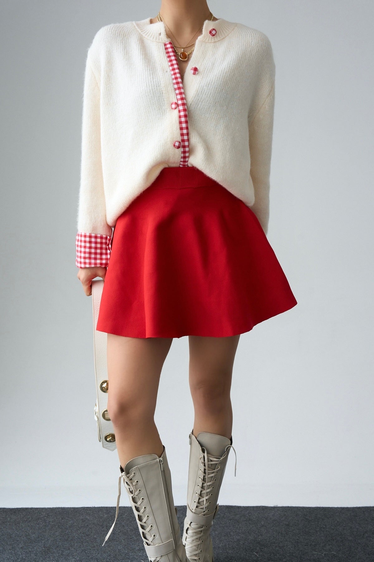 Kadın Krem Bisiklet Yaka Pötikare Detaylı Hırka