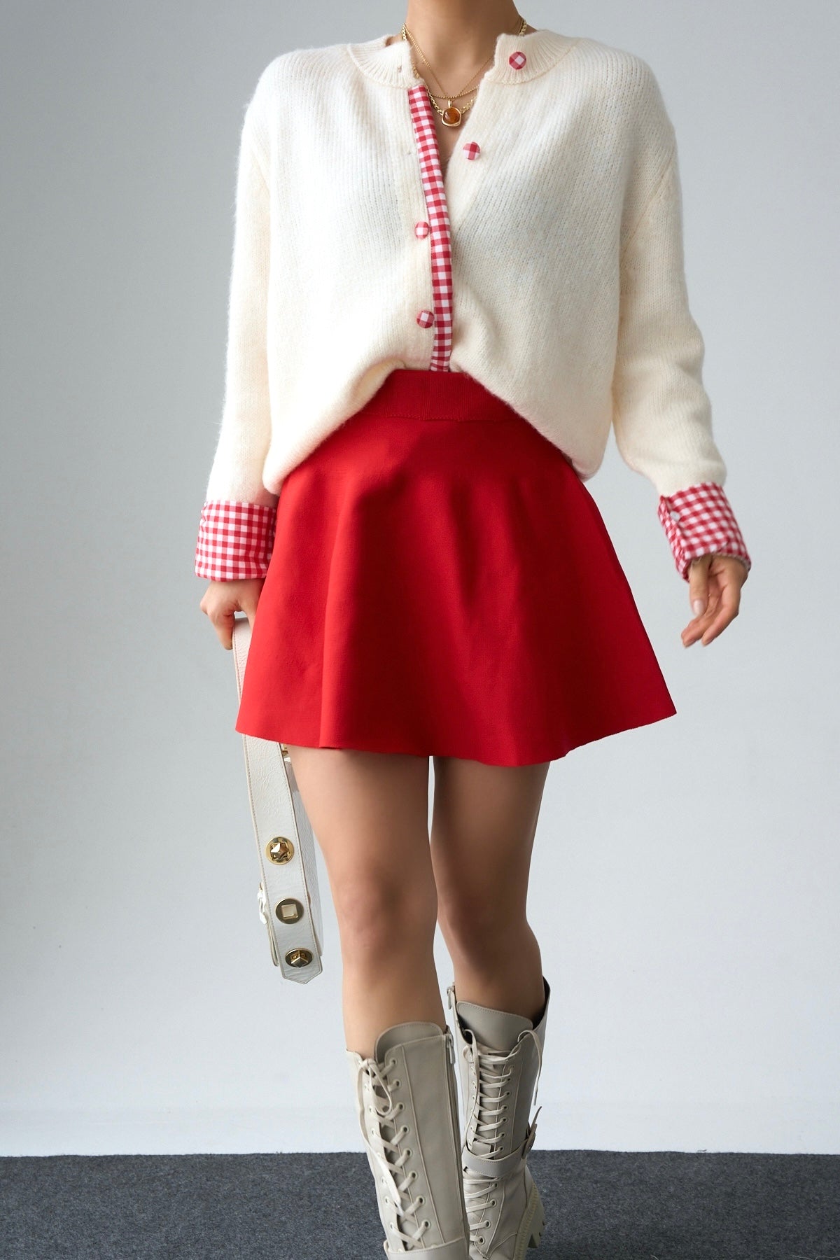 Kadın Krem Bisiklet Yaka Pötikare Detaylı Hırka