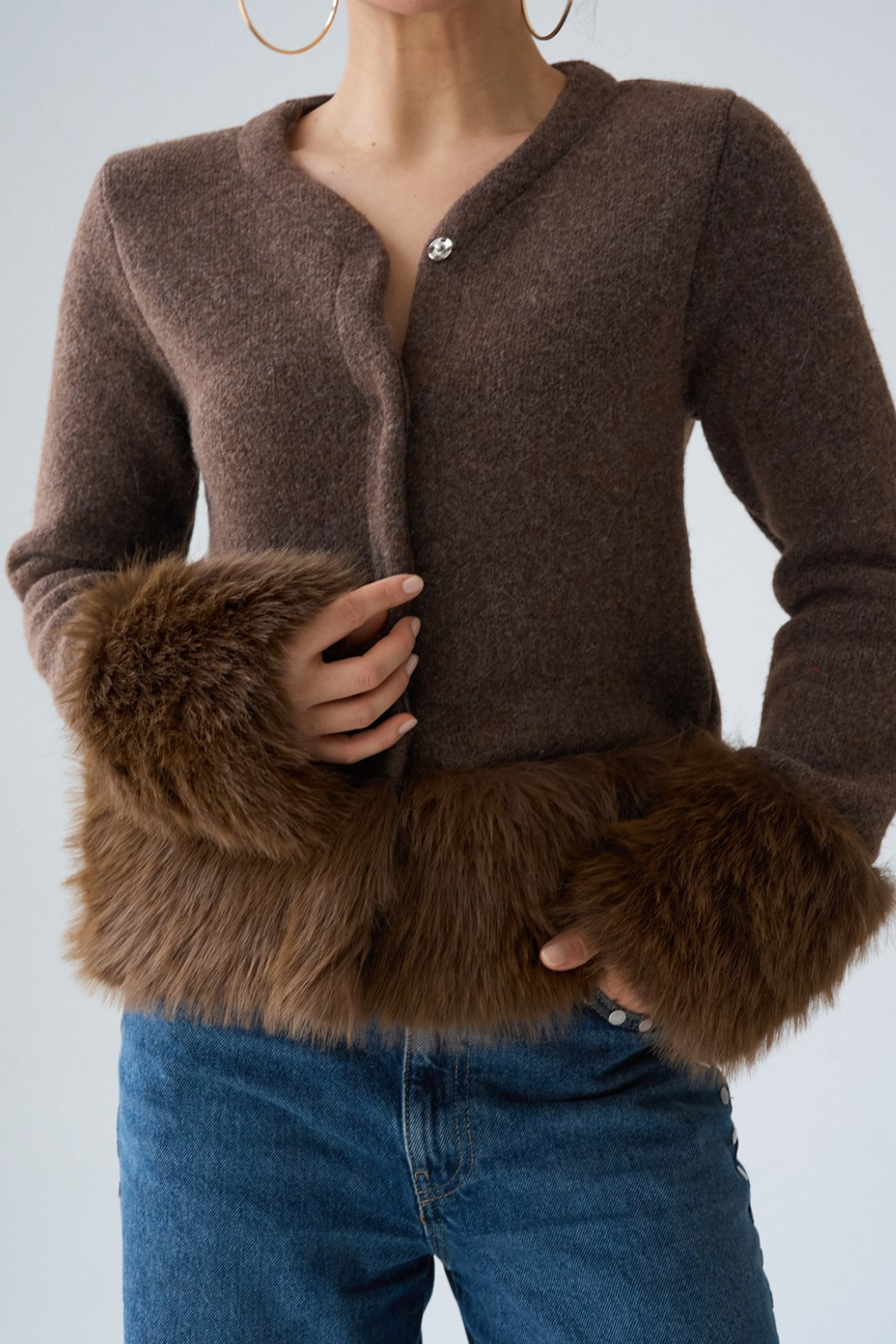 Kadın Kolları Suni Kürk Yünlü Triko Hırka Ceket