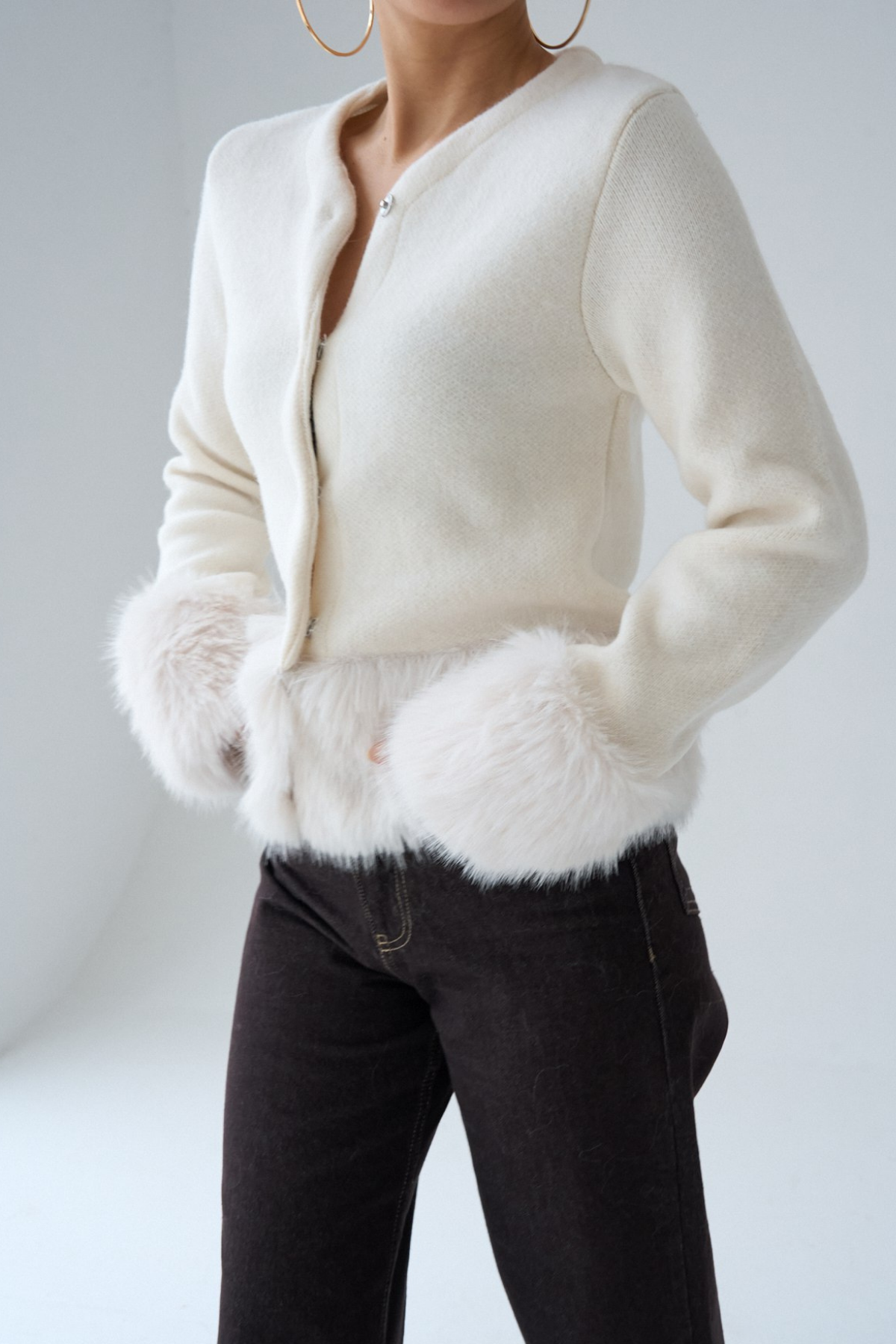 Kadın Kolları Suni Kürk Yünlü Triko Hırka Ceket