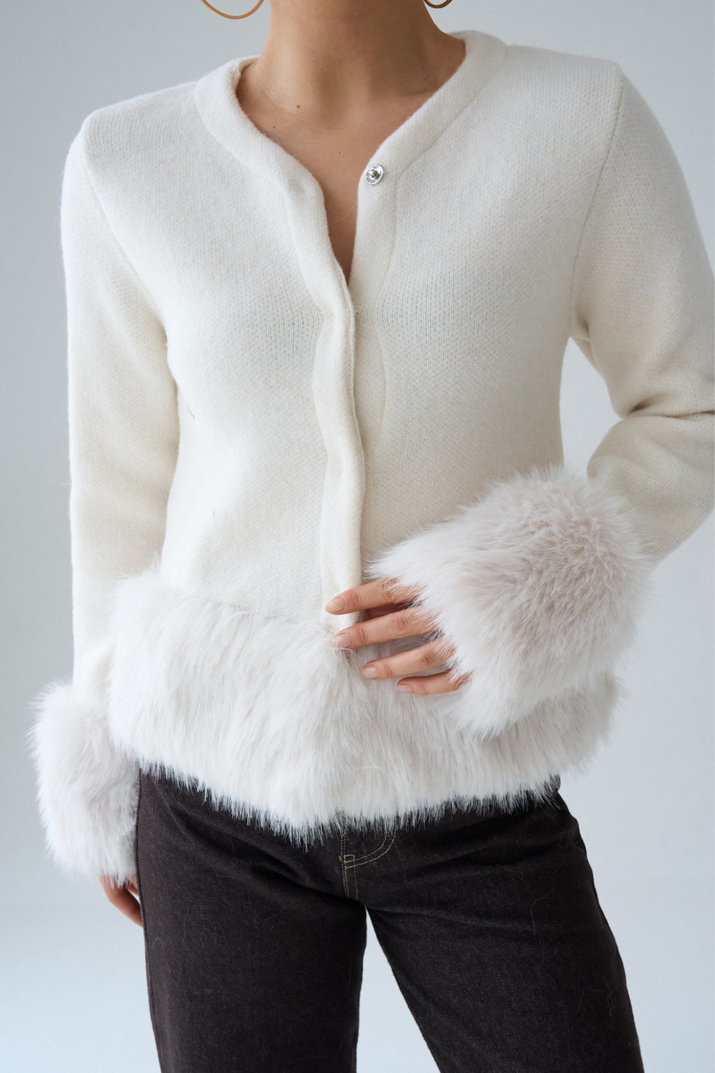 Kadın Kolları Suni Kürk Yünlü Triko Hırka Ceket