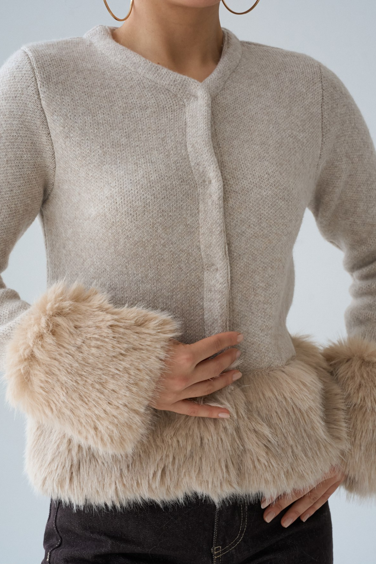 Kadın Kolları Suni Kürk Yünlü Triko Hırka Ceket