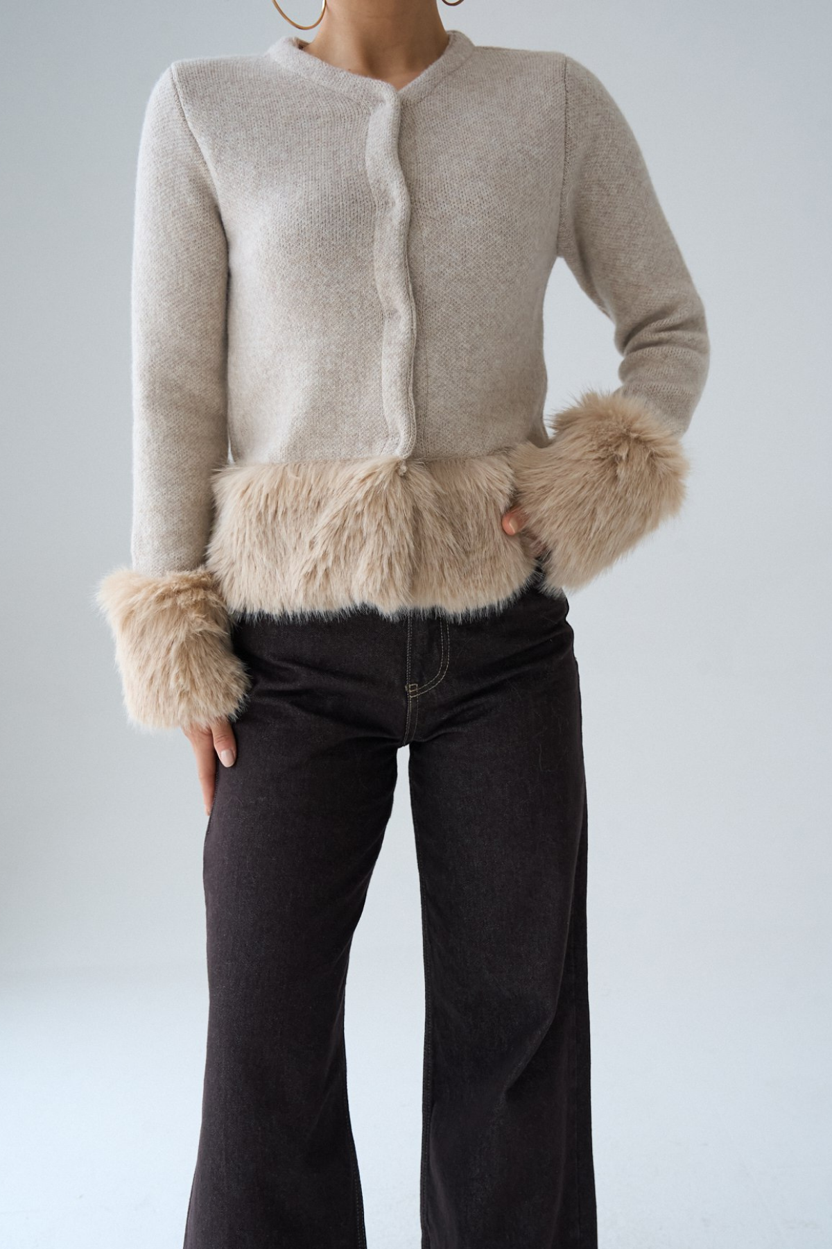 Kadın Kolları Suni Kürk Yünlü Triko Hırka Ceket