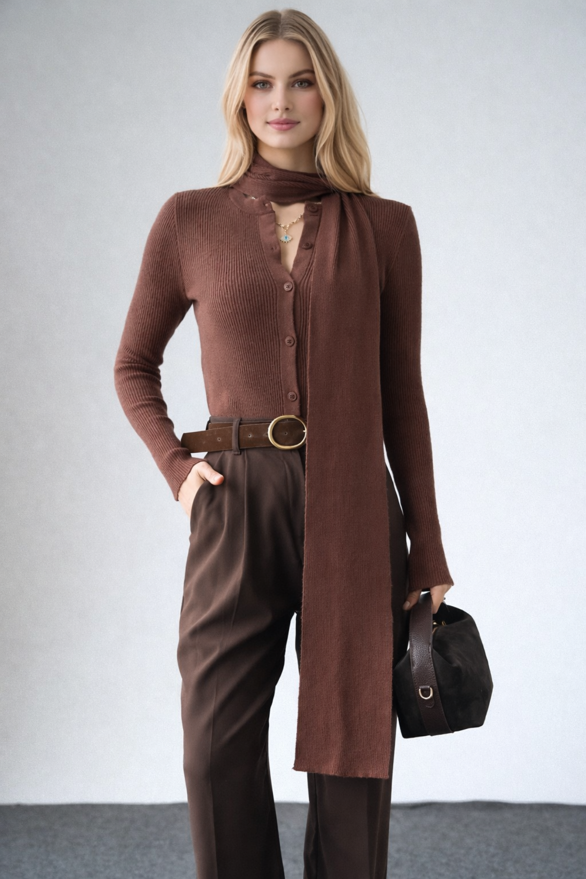 Kadın Bisiklet Yaka Düğmeli Şallı Hırka