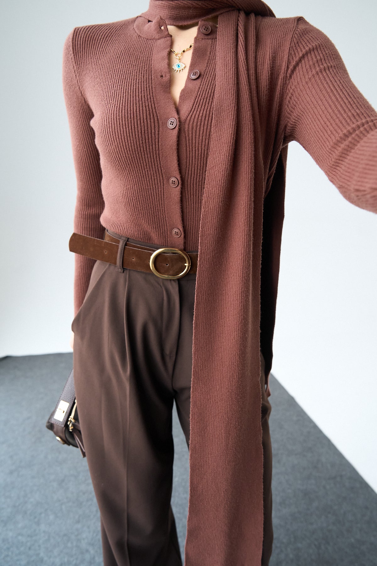 Kadın Bisiklet Yaka Düğmeli Şallı Hırka