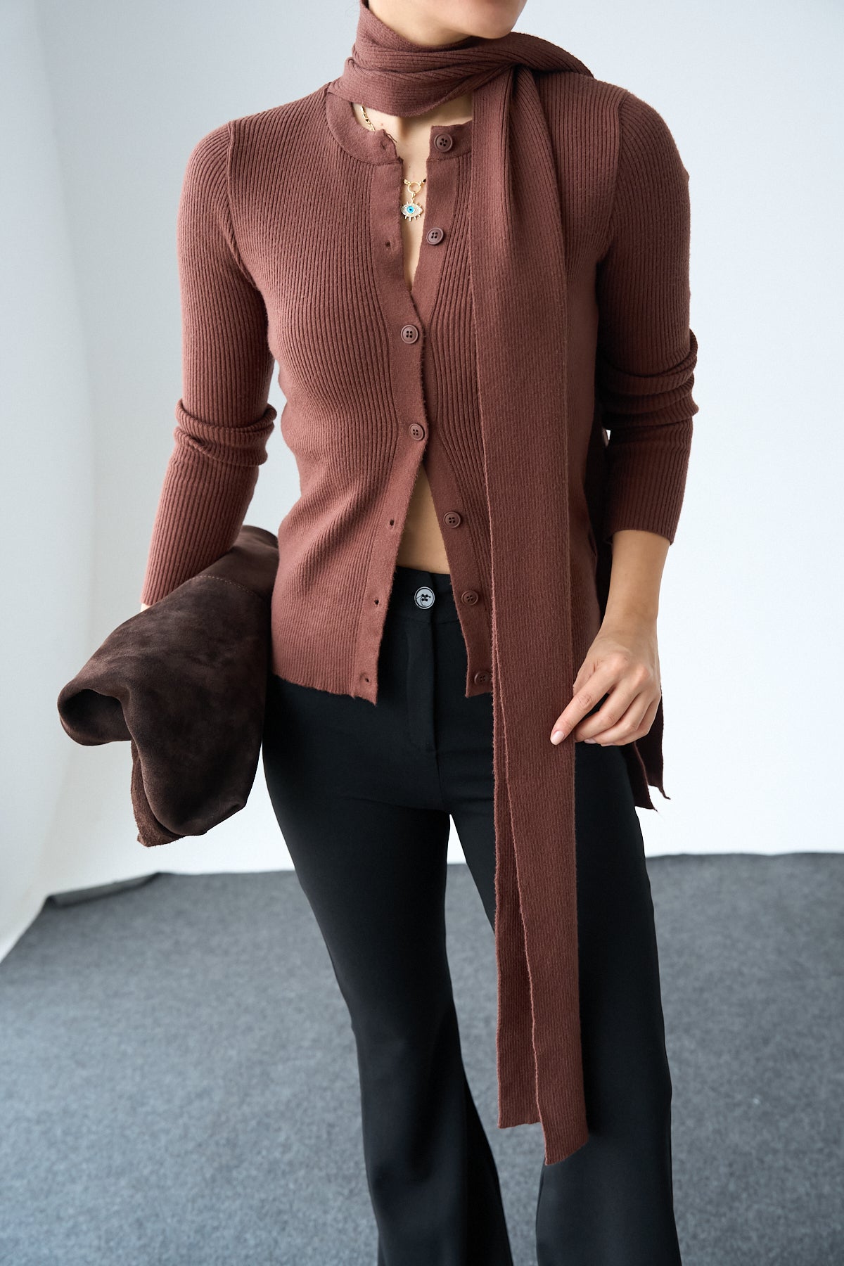 Kadın Bisiklet Yaka Düğmeli Şallı Hırka