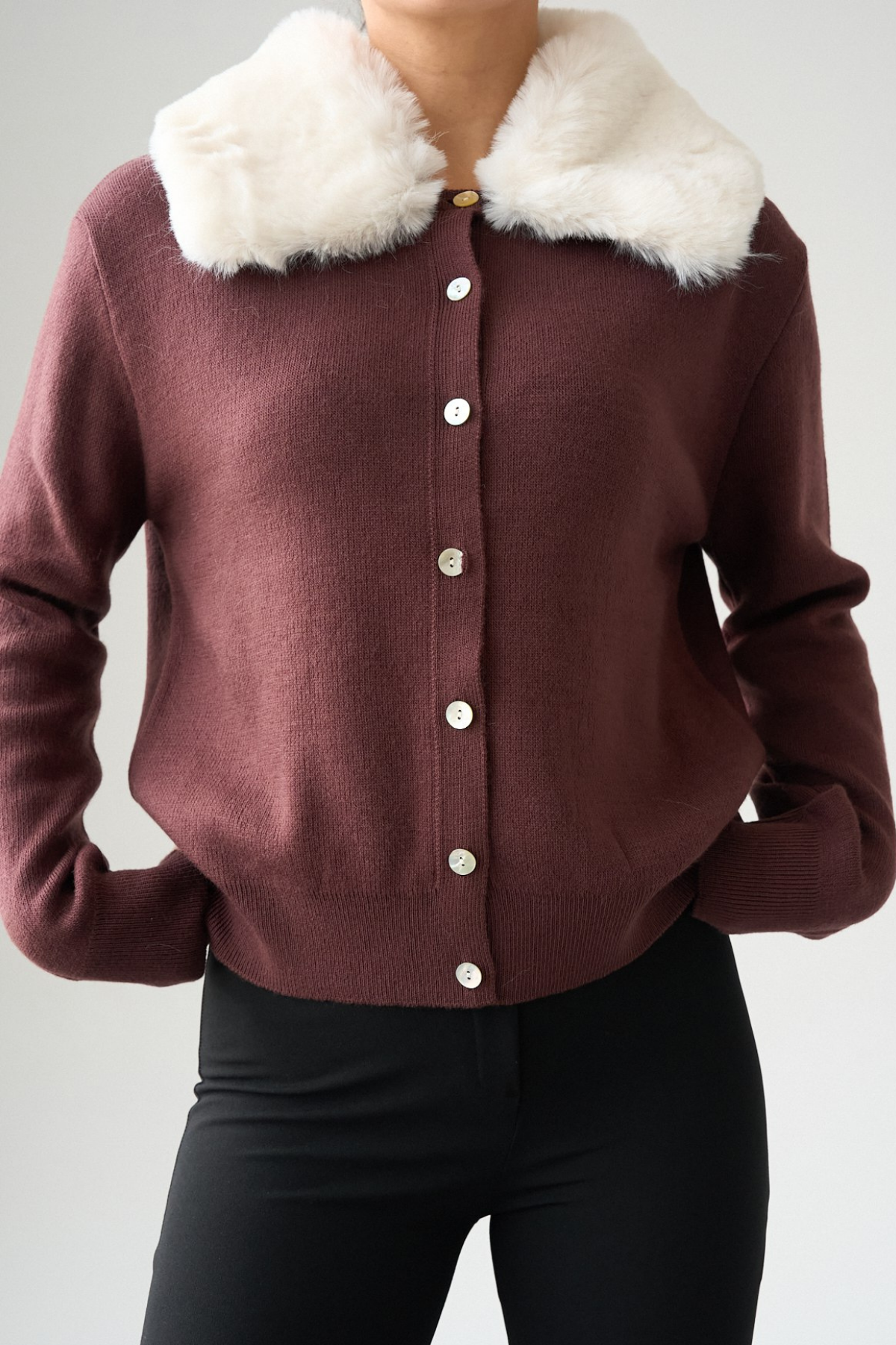 Kadın Vegan Kürk Yaka Hırka