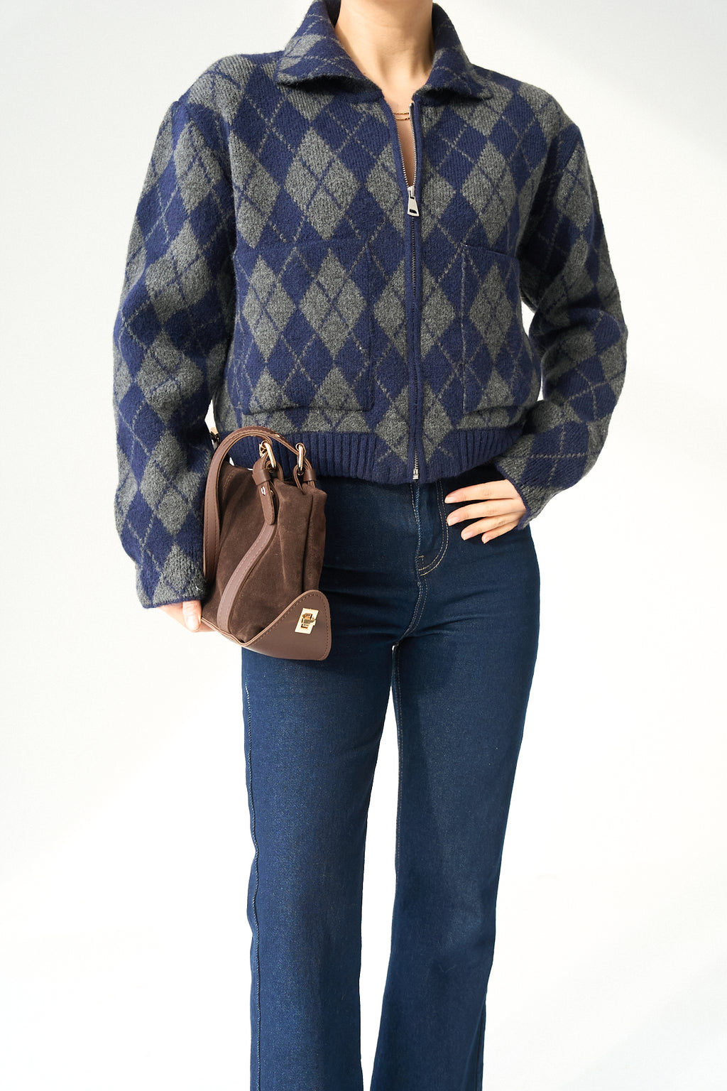 Kadın Bisiklet Yaka Baklava Desenli Fermuarlı Hırka