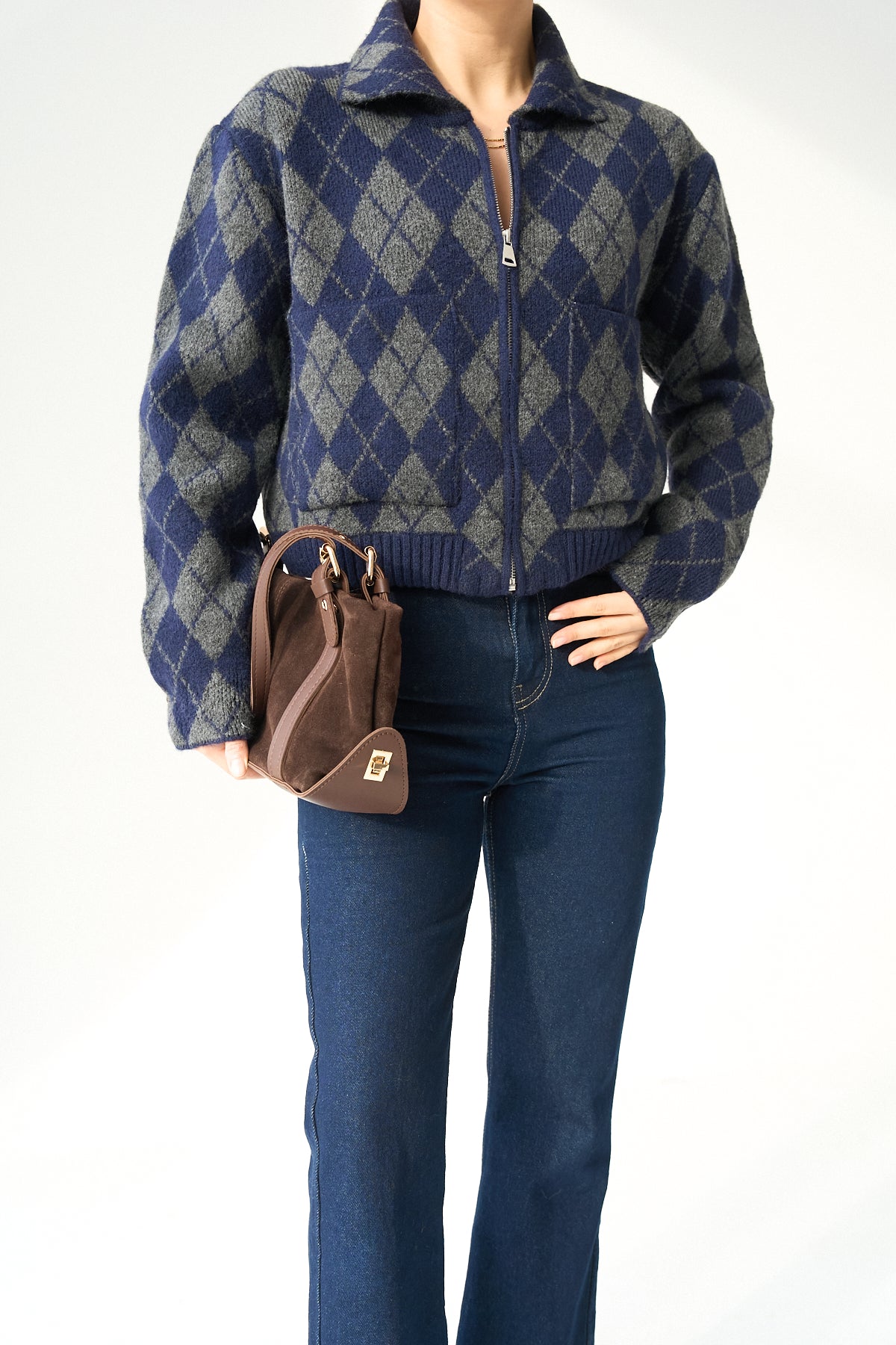 Kadın Bisiklet Yaka Baklava Desenli Fermuarlı Hırka