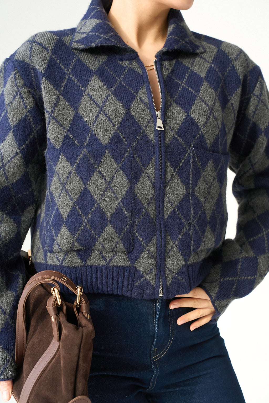 Kadın Bisiklet Yaka Baklava Desenli Fermuarlı Hırka