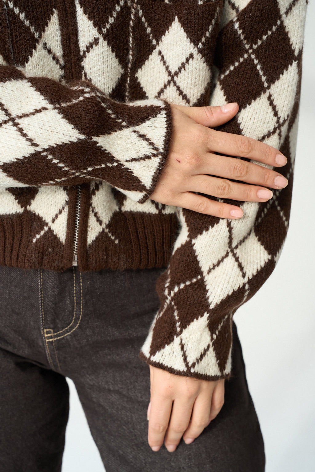 Kadın Bisiklet Yaka Baklava Desenli Fermuarlı Hırka