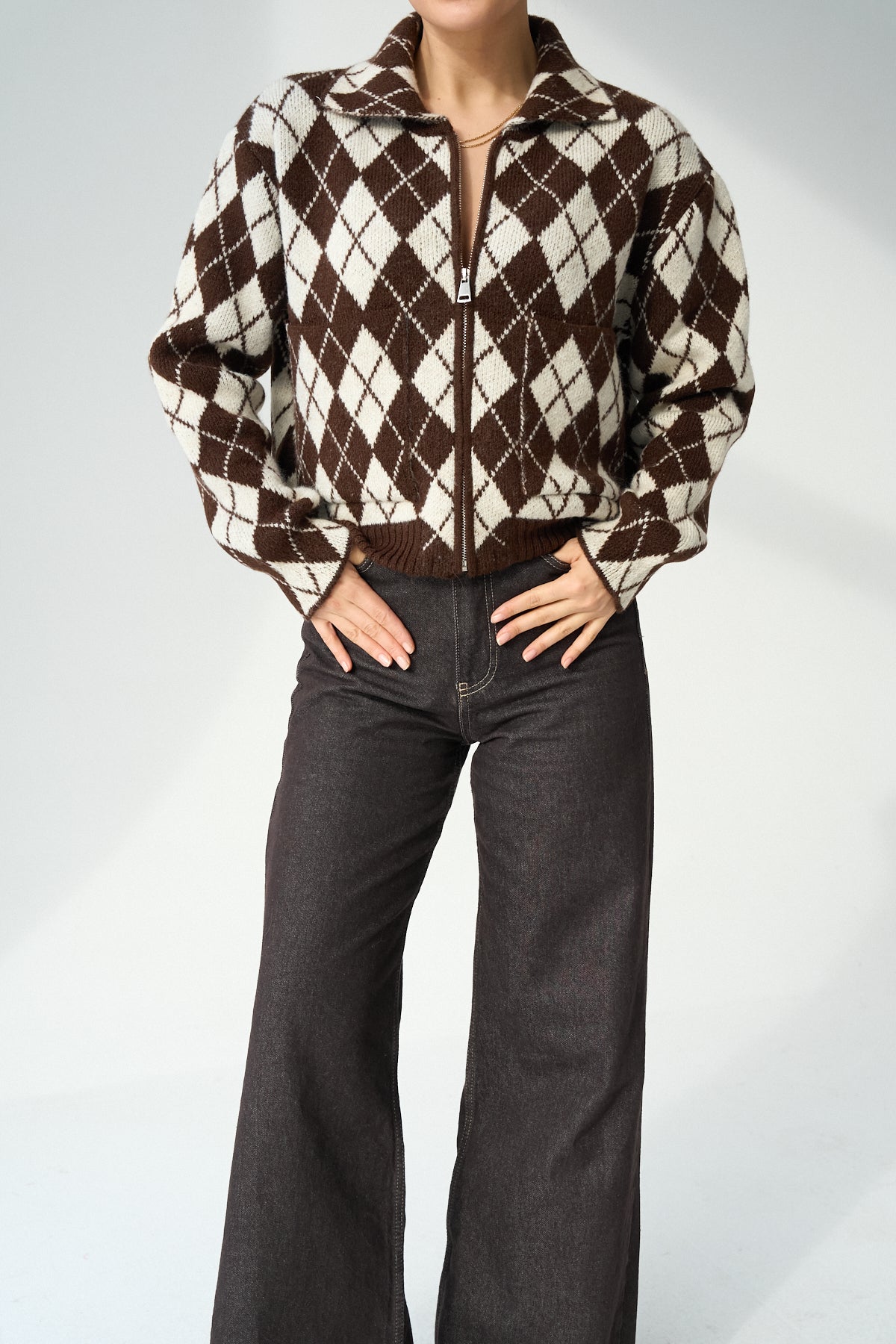 Kadın Bisiklet Yaka Baklava Desenli Fermuarlı Hırka