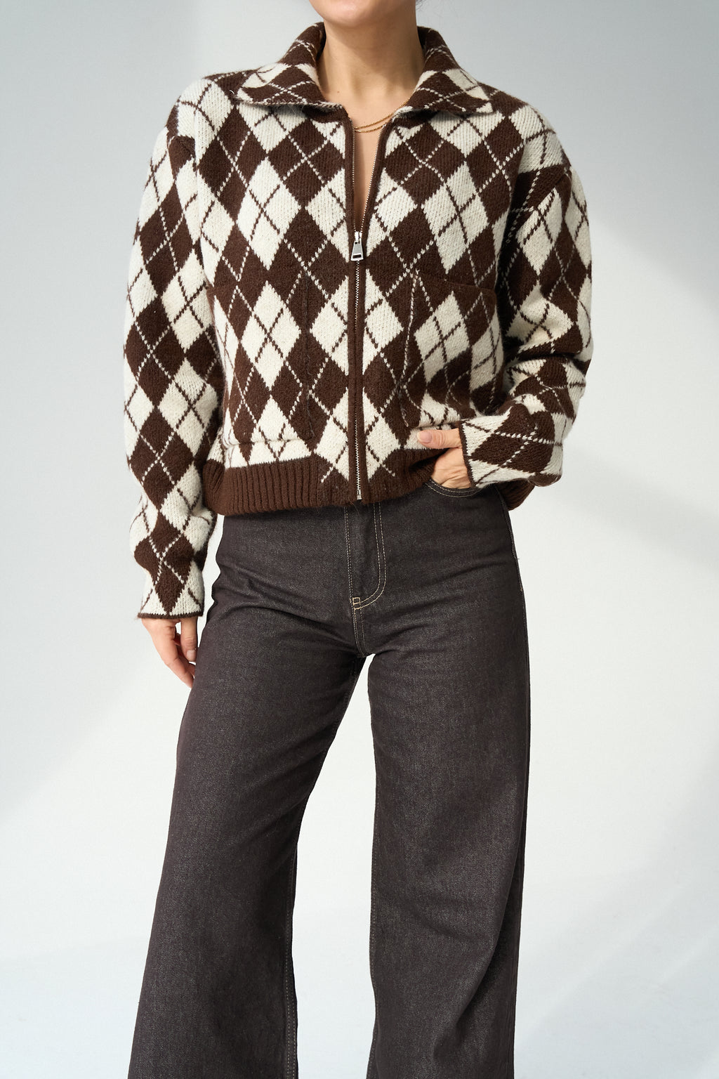 Kadın Bisiklet Yaka Baklava Desenli Fermuarlı Hırka