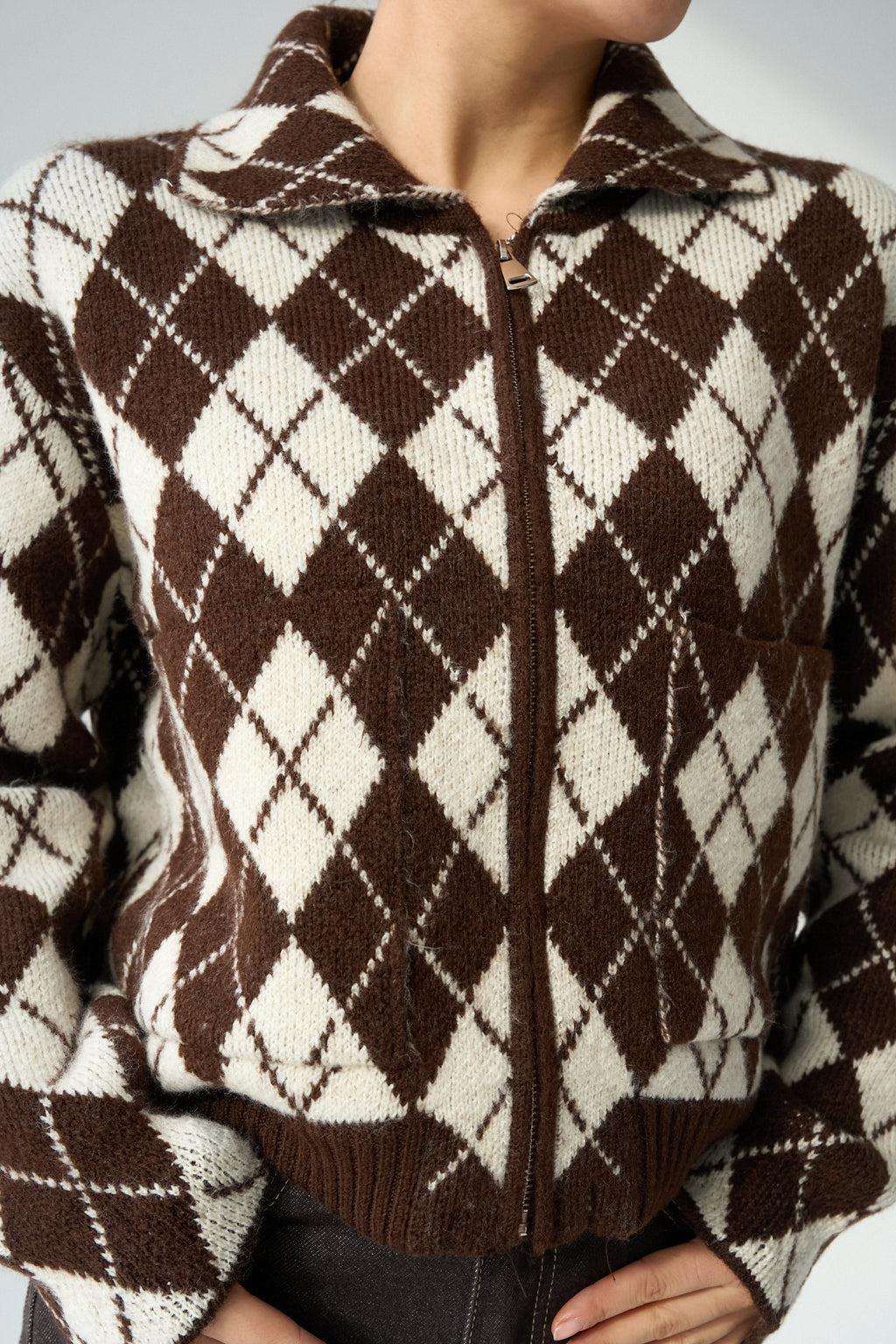 Kadın Bisiklet Yaka Baklava Desenli Fermuarlı Hırka