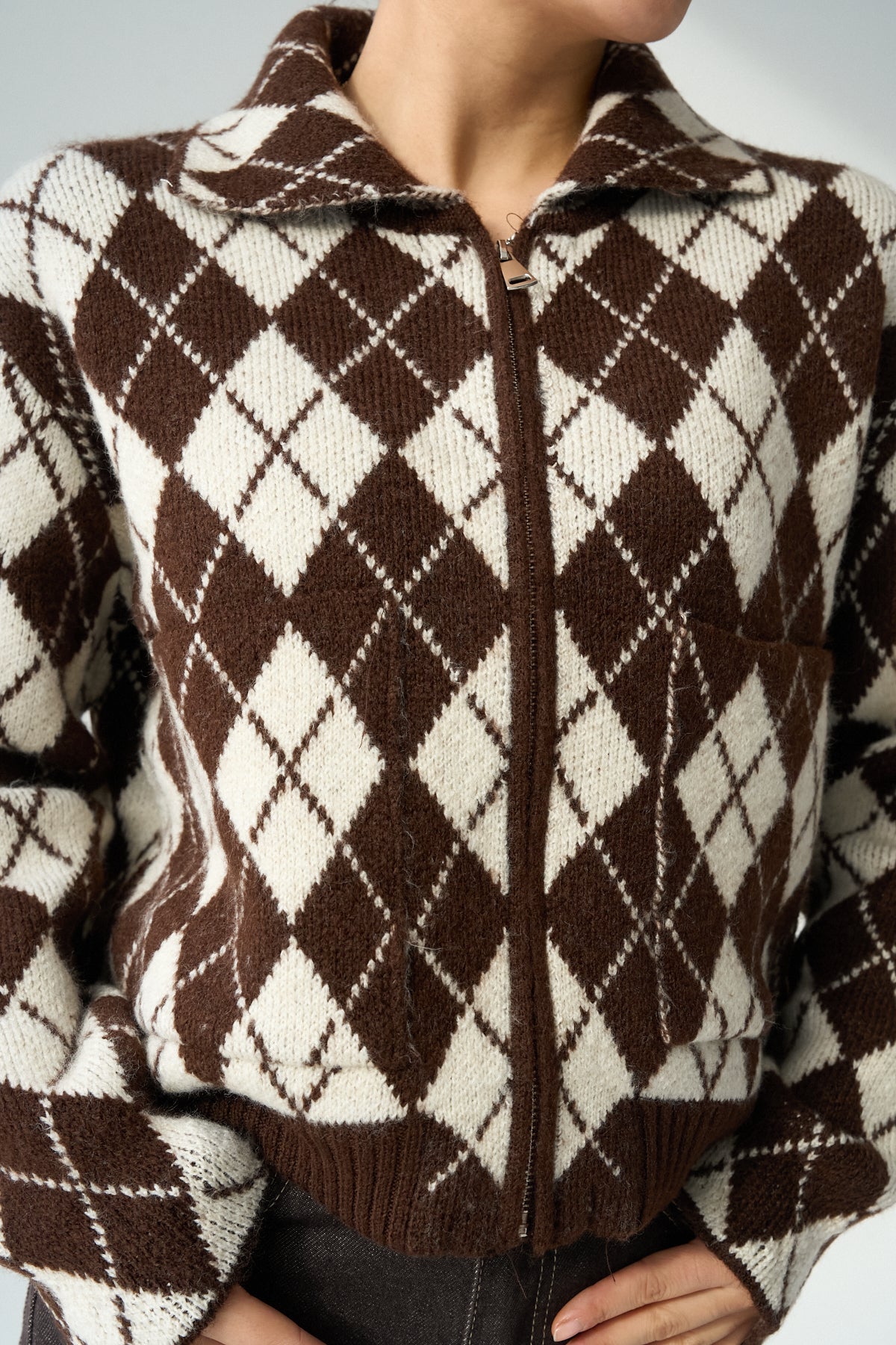 Kadın Bisiklet Yaka Baklava Desenli Fermuarlı Hırka