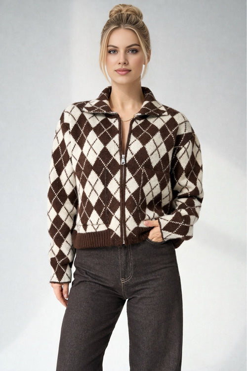 Kadın Bisiklet Yaka Baklava Desenli Fermuarlı Hırka