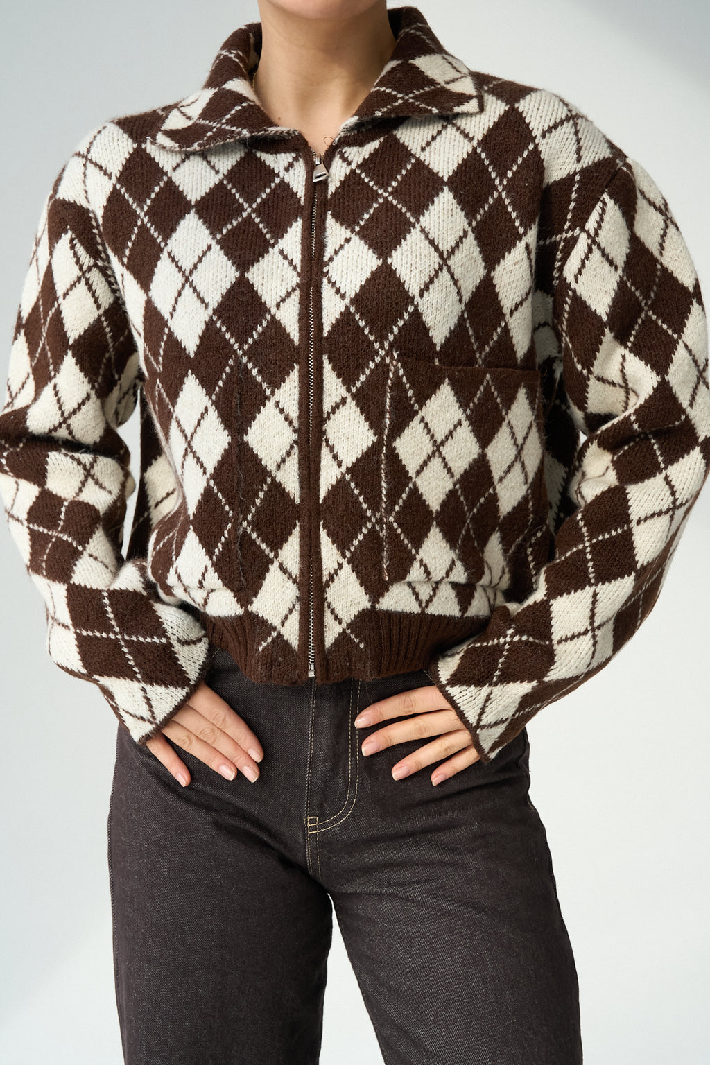 Kadın Bisiklet Yaka Baklava Desenli Fermuarlı Hırka