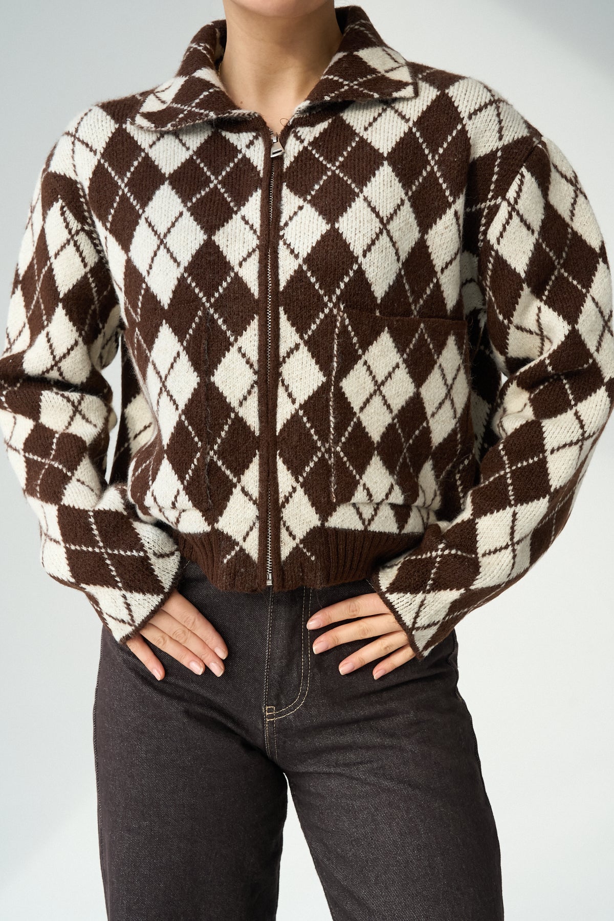 Kadın Bisiklet Yaka Baklava Desenli Fermuarlı Hırka