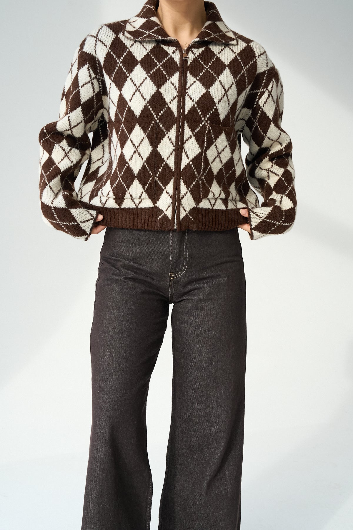 Kadın Bisiklet Yaka Baklava Desenli Fermuarlı Hırka