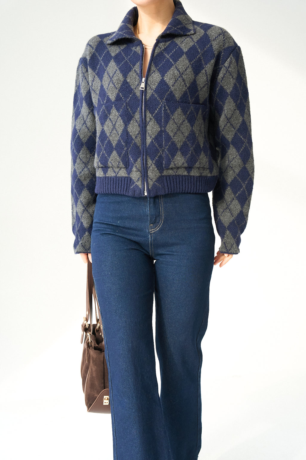 Kadın Bisiklet Yaka Baklava Desenli Fermuarlı Hırka