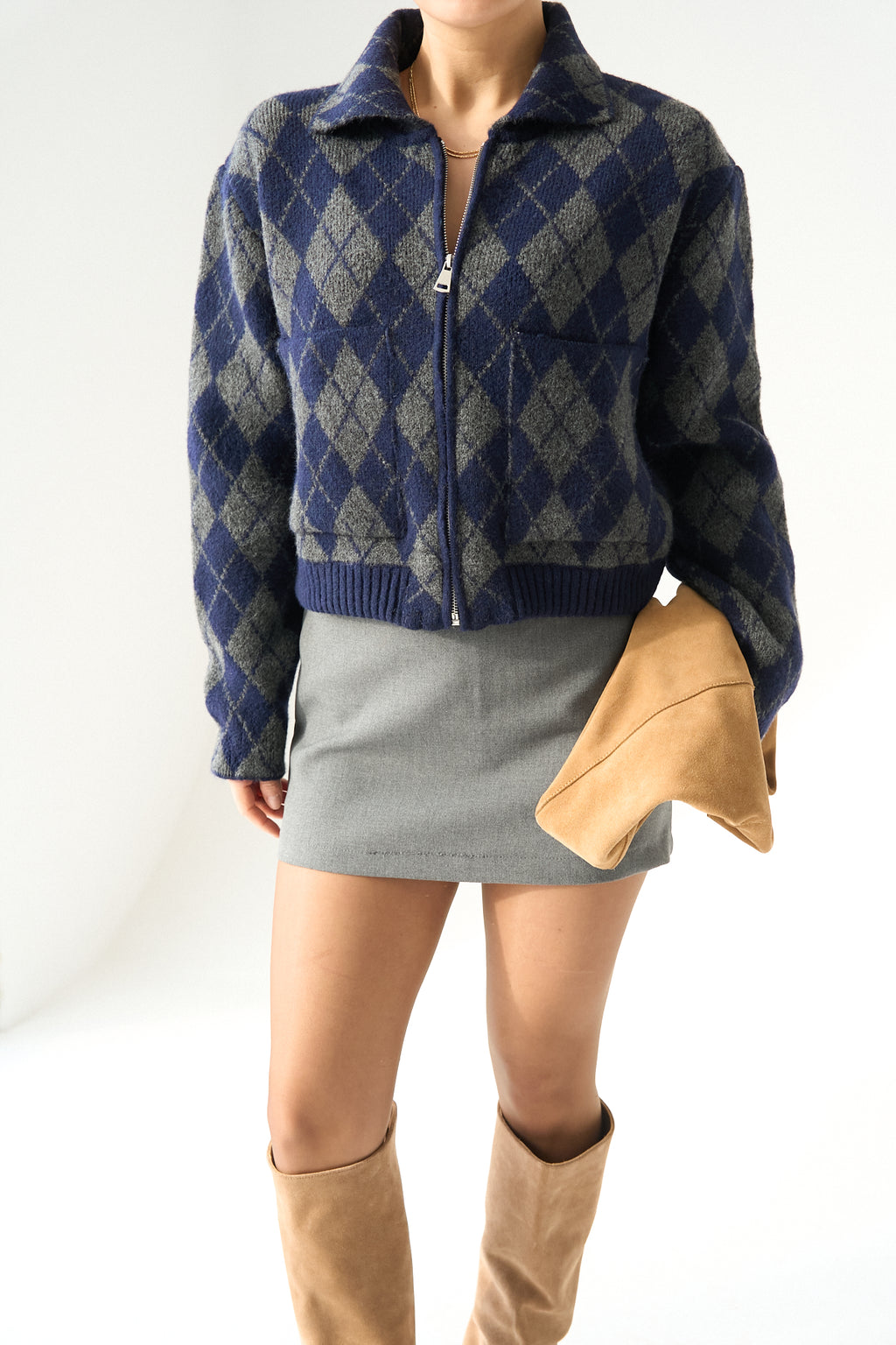 Kadın Bisiklet Yaka Baklava Desenli Fermuarlı Hırka