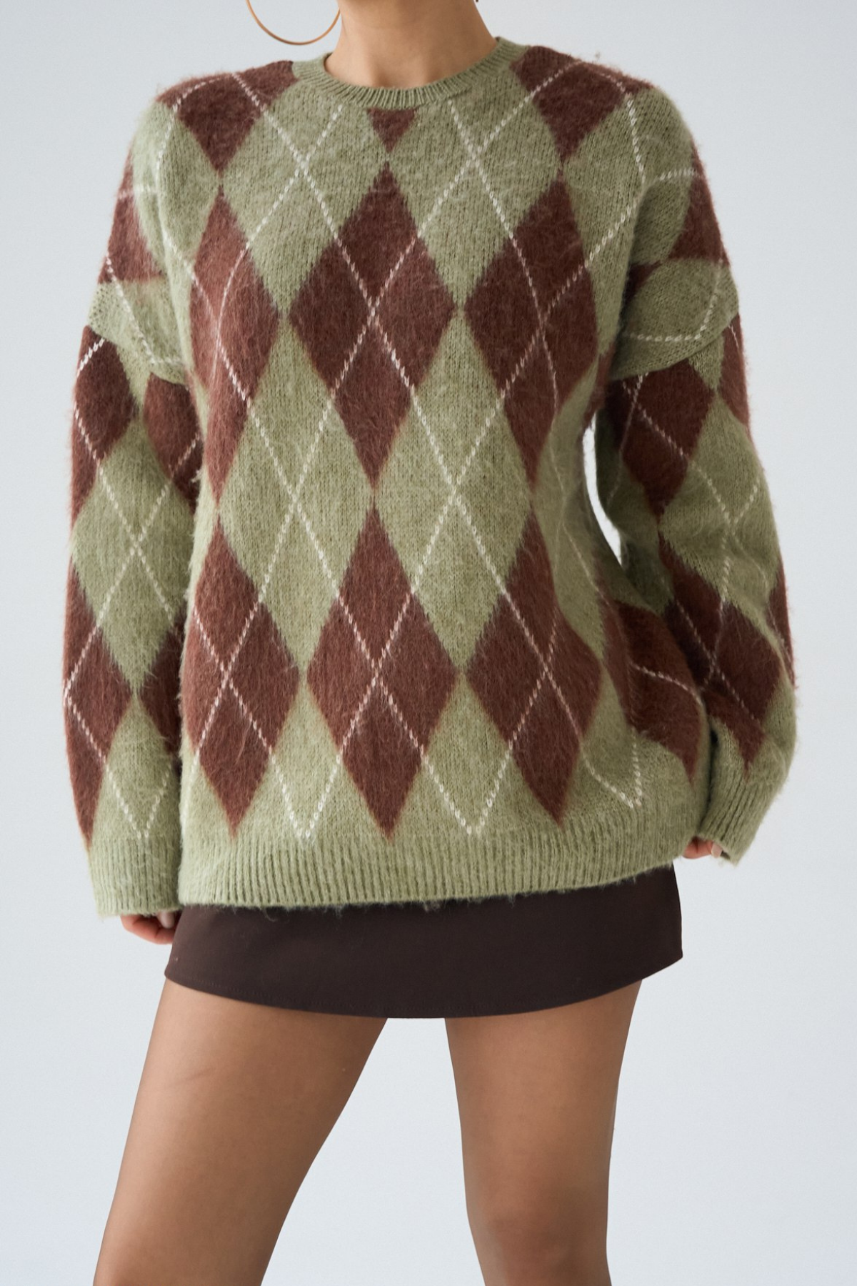 Kadın Yeşil Bisiklet Yaka Baklava Desenli Kazak