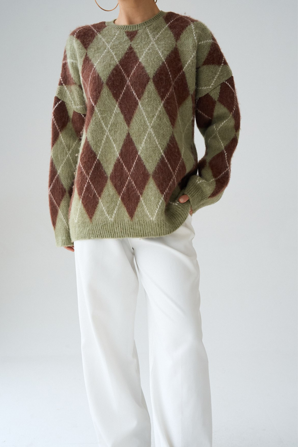 Kadın Yeşil Bisiklet Yaka Baklava Desenli Kazak