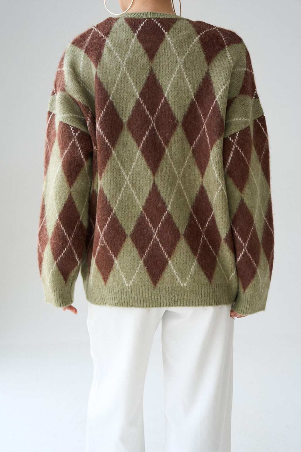 Kadın Yeşil Bisiklet Yaka Baklava Desenli Kazak