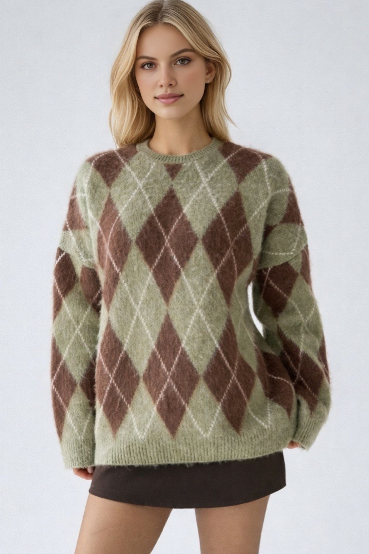 Kadın Yeşil Bisiklet Yaka Baklava Desenli Kazak