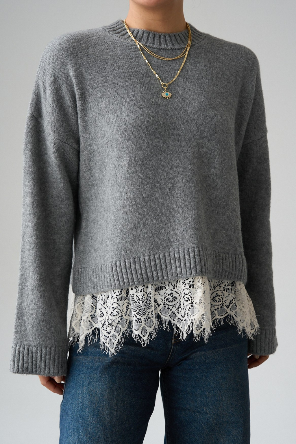 Kadın Bisiklet Yaka Dantel Detaylı Kazak