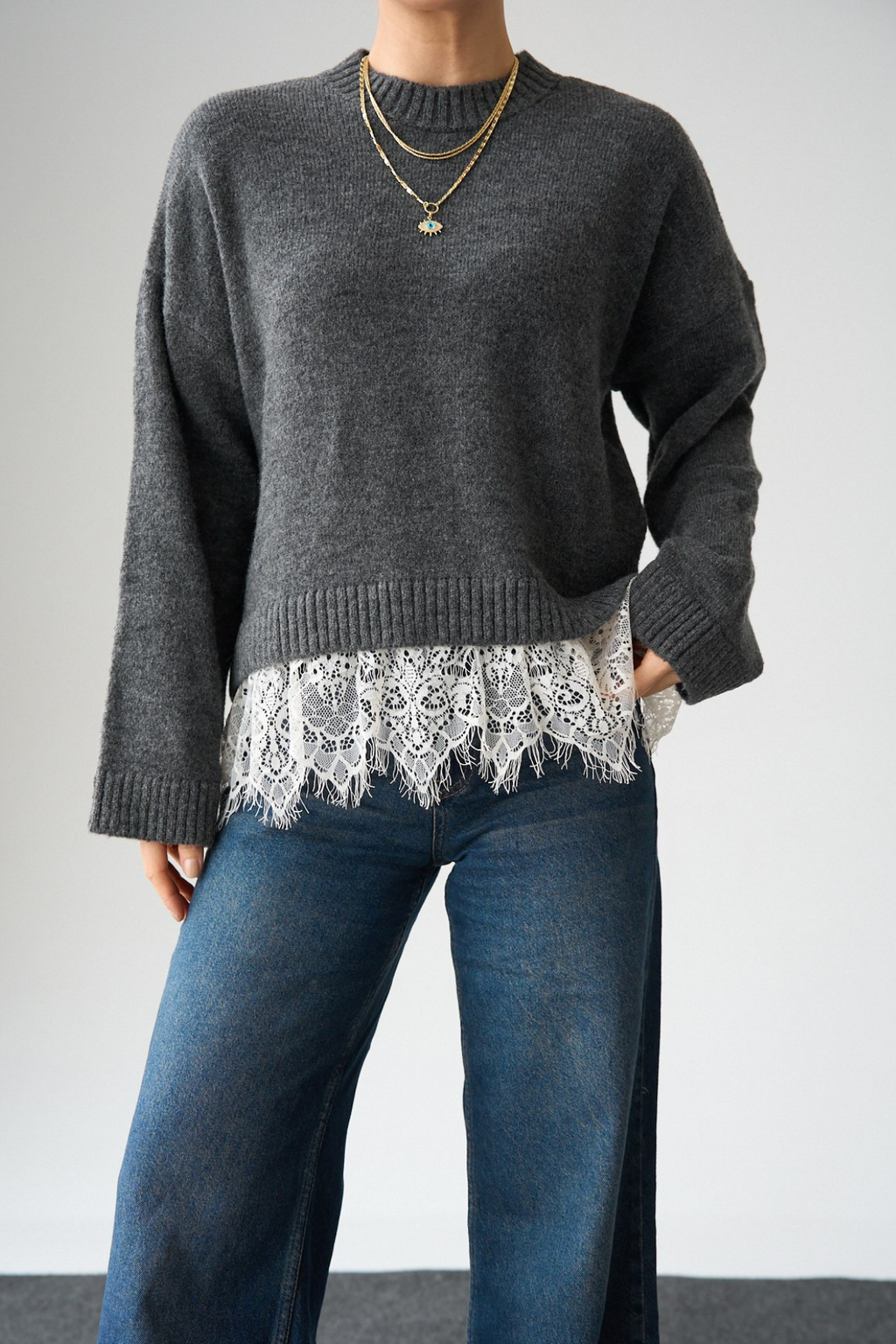 Kadın Bisiklet Yaka Dantel Detaylı Kazak