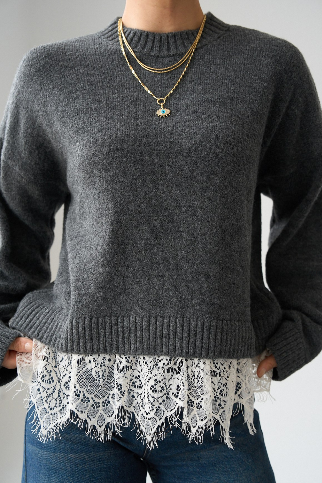 Kadın Bisiklet Yaka Dantel Detaylı Kazak