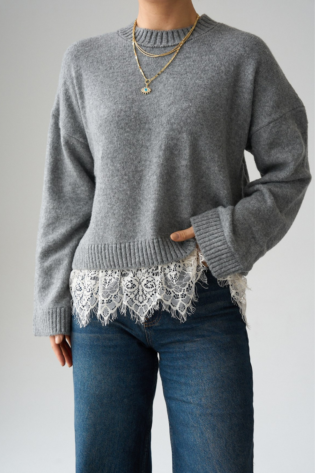 Kadın Bisiklet Yaka Dantel Detaylı Kazak