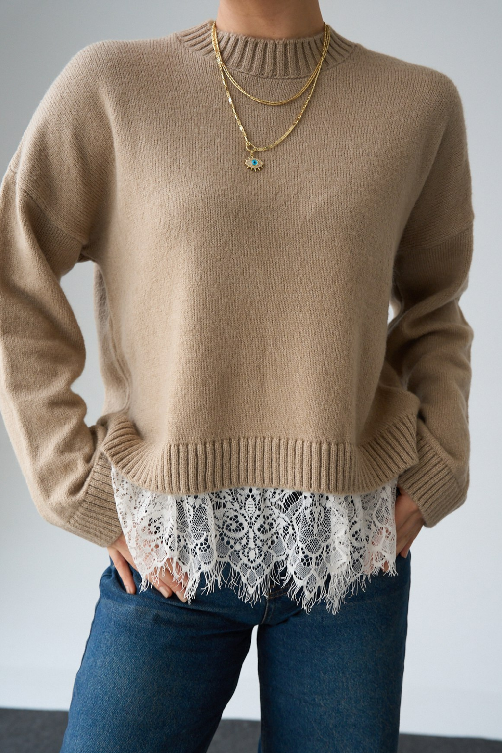 Kadın Bisiklet Yaka Dantel Detaylı Kazak