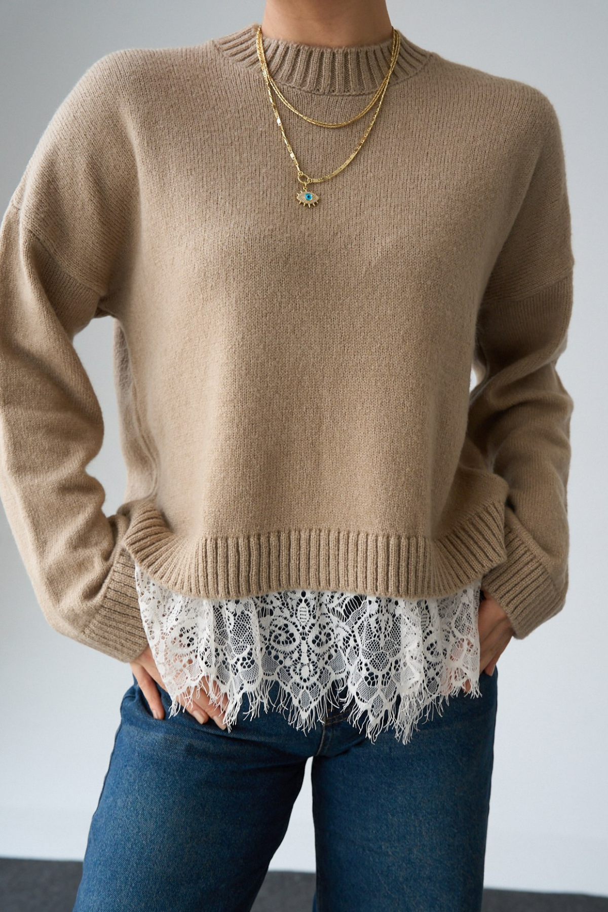 Kadın Bisiklet Yaka Dantel Detaylı Kazak