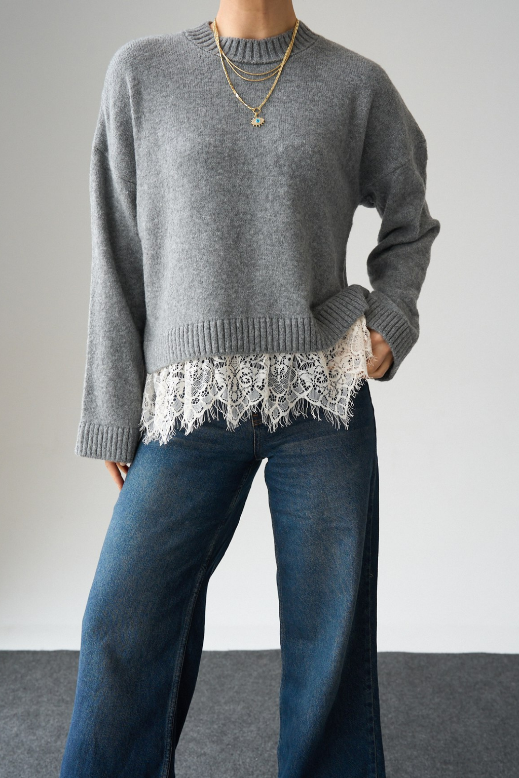 Kadın Bisiklet Yaka Dantel Detaylı Kazak