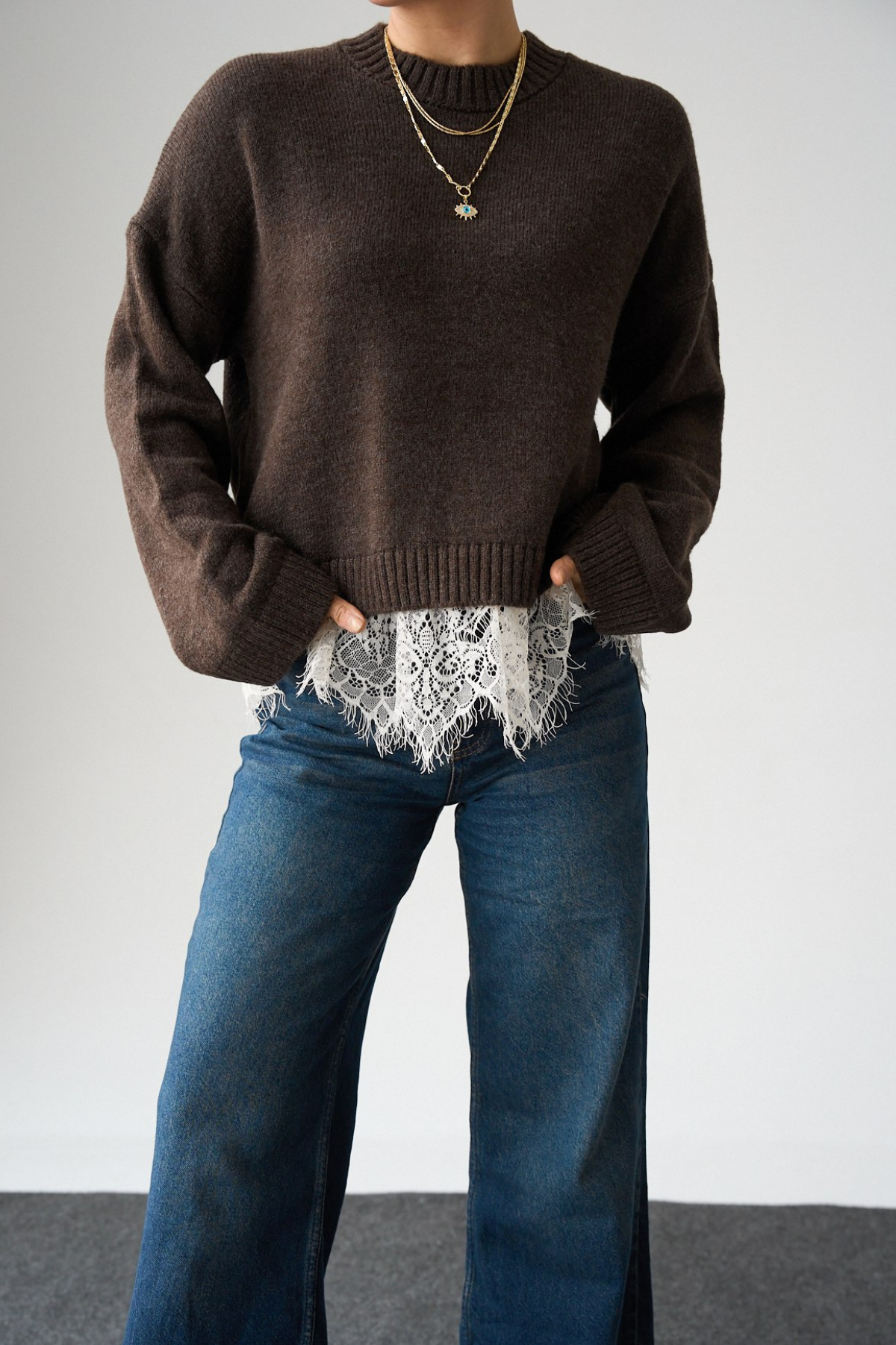 Kadın Bisiklet Yaka Dantel Detaylı Kazak