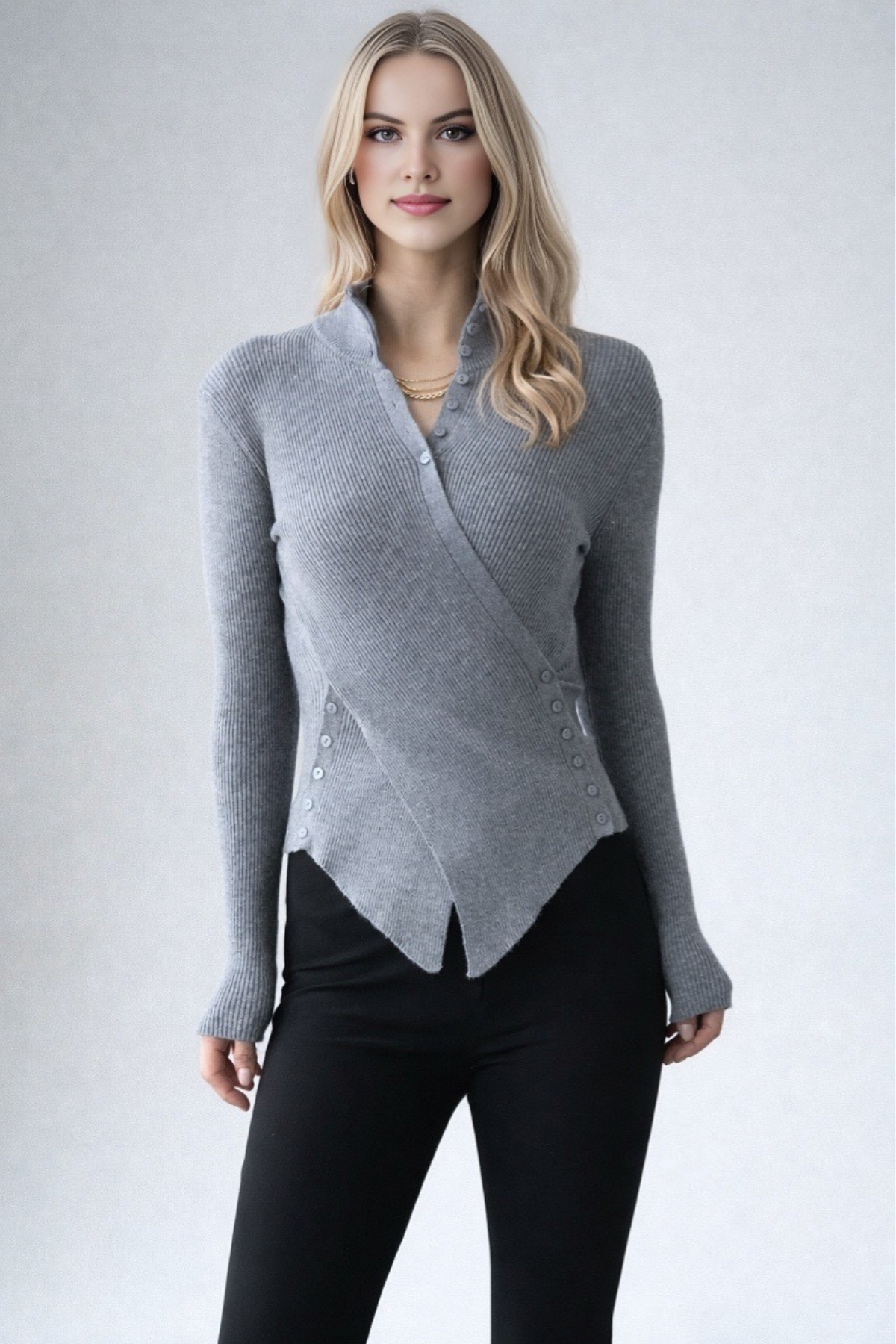 Kadın Asimetrik Düğmeli Triko Kazak