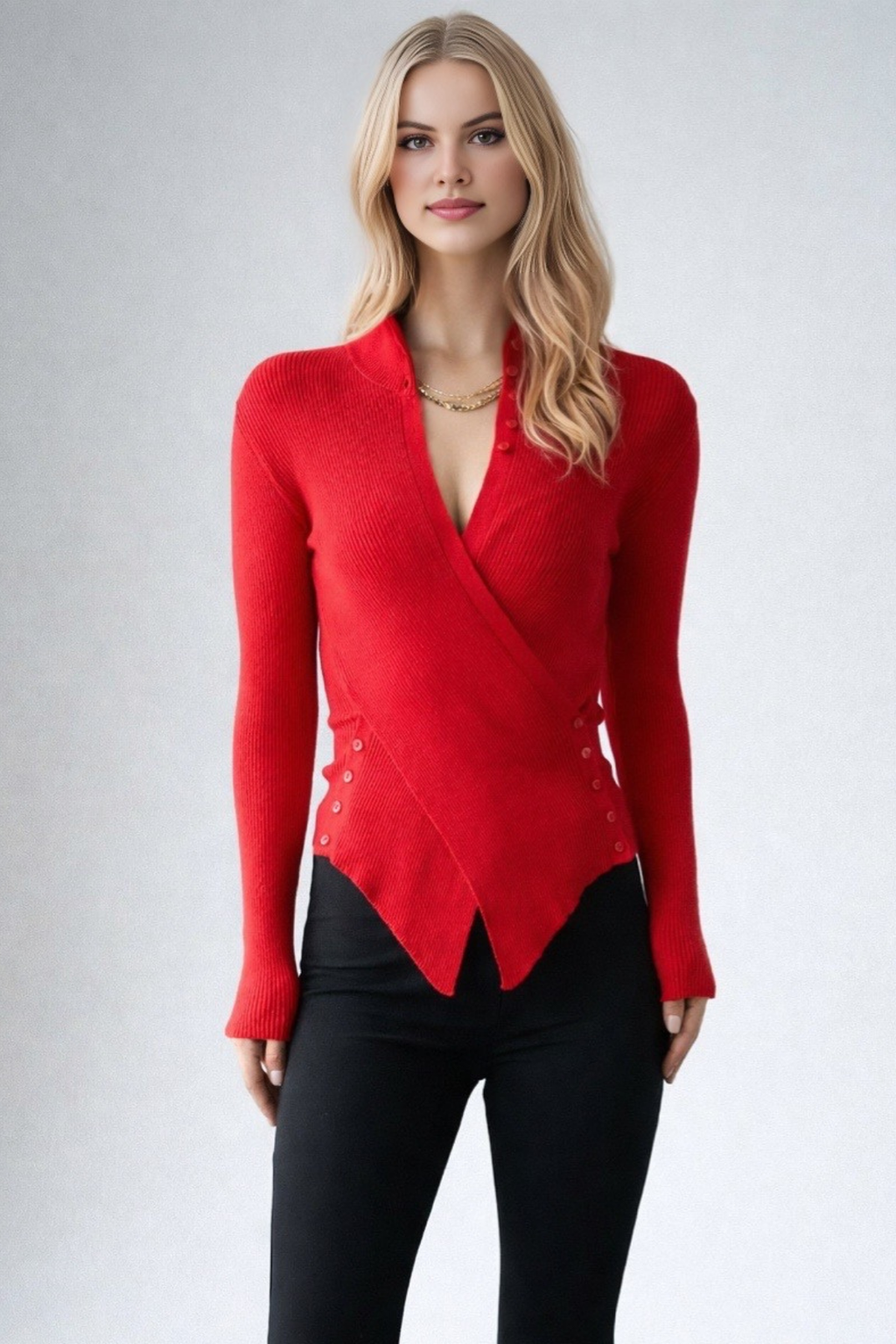 Kadın Asimetrik Düğmeli Triko Kazak