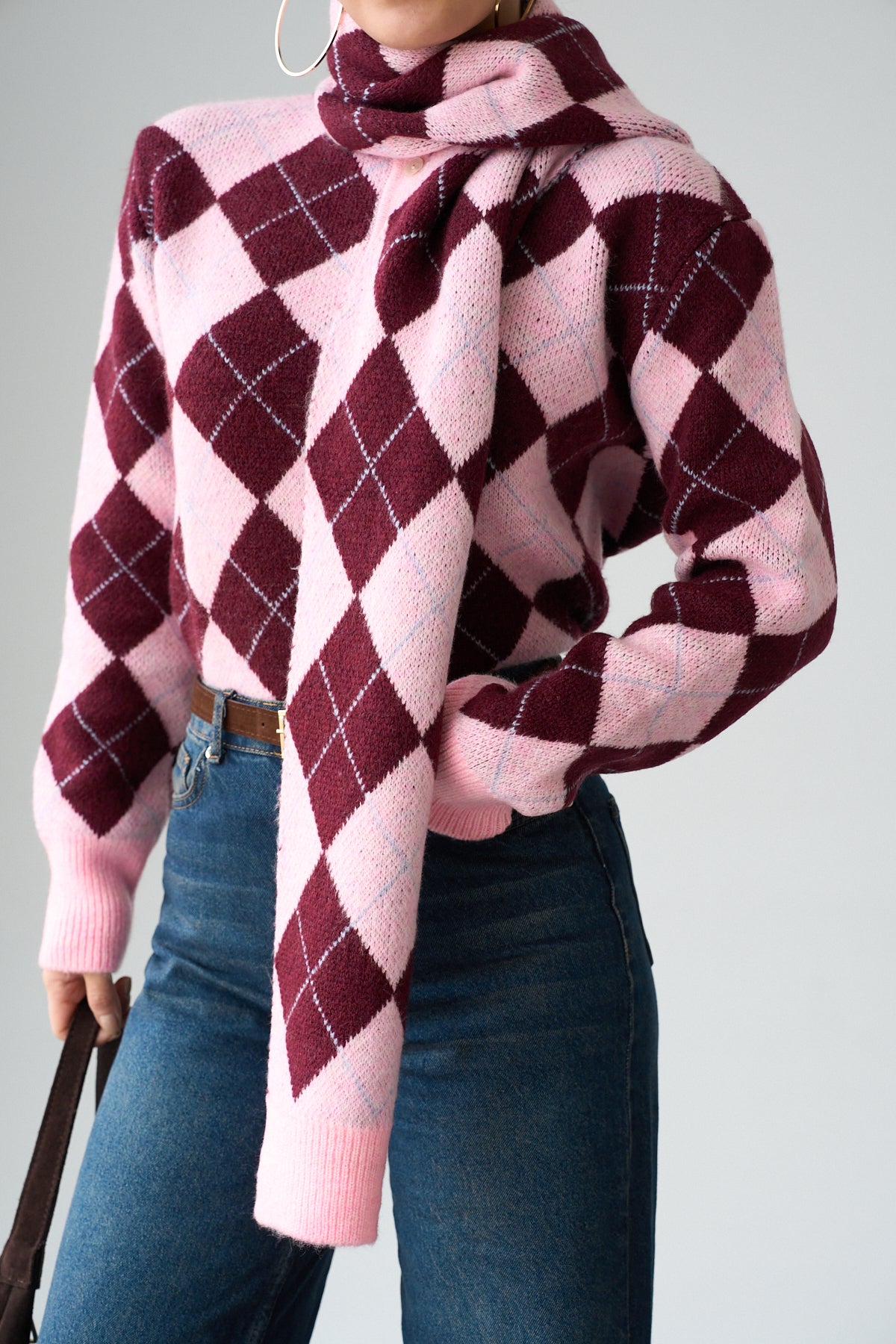 Kadın Baklava Desenli Atkı Detaylı Kazak